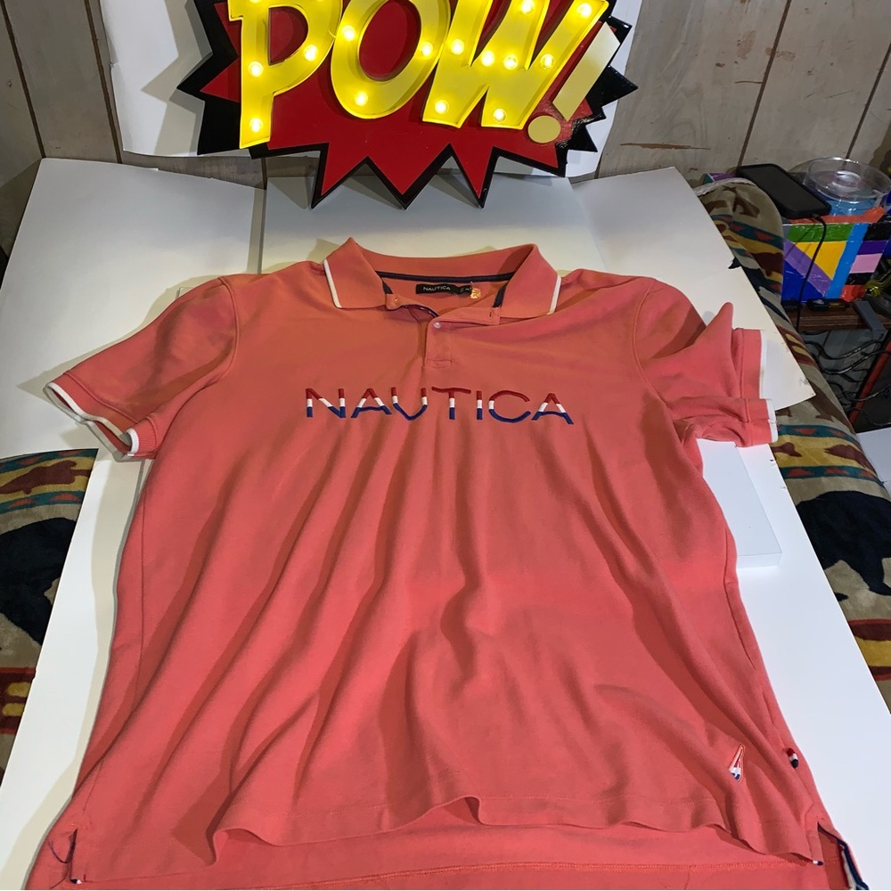 Men’s Nautica Logo; Y2K Salmon/Pink Collar Polo -Used Size 2XL
